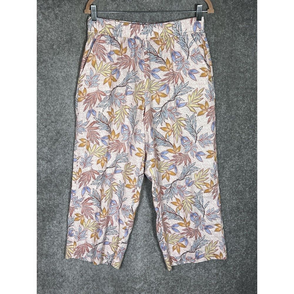 Nicole Miller Linen Wide Leg Pull On Crop Pants Womens Size Medium Leaf Pockets
